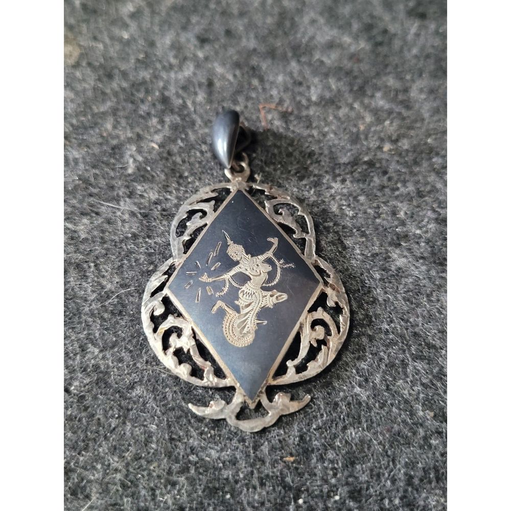 Vintage 1940's Siam Goddess Mekhala Sterling Silver & Black Onyx Inlay Necklace